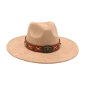 Minimalist beige wide-brim felt hat with brown leather band and bronze bull head buckle - Camel