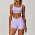 Lavender purple yoga set featuring a U-neck sports bra and high waisted cross waist shorts - S / Top And Bottom / Bra + Shorts / Lilac Purple