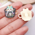 Cartoon black cat coffee cup pendant with gold back and floral enamel DIY jewelry charm - Flower Cup Green Cat - Gold Base