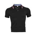 Close-up of black polo shirt collar with red, white, and blue stripe detail - Black