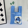 Blue knitted tote bag with white flower and letter patterns for casual daily use - HAPPY Blue