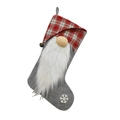 Detailed view of grey felt Christmas stocking with gnome design and white faux fur beard - Red / Gray