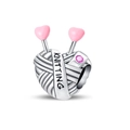 Detailed view of silver knitting yarn ball charm with pink heart pins and engraving - Heart Knitting Bead (PAC1297)