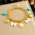 Gold-plated chain bracelet with turquoise beads, heart pendants and pearl bows - Bowknot Heart Multi-Pendant Style (B1846)