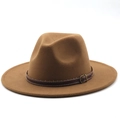Detail of brown wool fedora with leather band, white contrast stitching and gold buckle - M (56-58cm) / Khaki