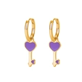 Gold heart key earrings with purple enamel detail and S925 silver needle for women - Heart Key Pendant / Purple/Gold