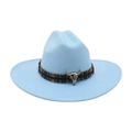 Light blue wide brim felt cowboy hat with ethnic woven band and silver bull skull ornament - Light Blue
