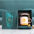 Pink ceramic mug set with gold lid and spoon in a green gift box with matching carry bag - Fine Vertical Stripe Pink Mug Gift Box