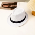 Detail of white woven jazz hat featuring breathable mesh texture and black ribbon band - L (58-60cm) / White