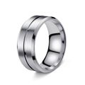 Men's silver brushed stainless steel ring with a black groove and beveled edge - All Silver