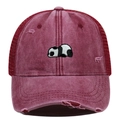 Vintage red washed cotton trucker hat with panda embroidery and distressed mesh design - Adjustable / Burgundy
