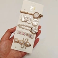 5-piece gold and cream hair clip set with artificial pearls and floral resin designs - Meizhi Style (5 Piece Set)