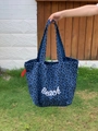 Large navy canvas tote bag with black leopard print and white Beach lettering detail - Blue Leopard