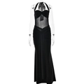 Elegant black halter neck long dress with sheer mesh panel and bodycon ruched details - S / Black