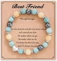 Handmade best friend beaded bracelet with blue and yellow stones and silver heart charm - Heart Bracelet + Best Friend Card