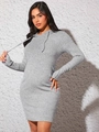 Detailed close-up of grey ribbed knit texture on a long-sleeve maternity hoodie dress - Light Gray