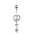 Detailed view of silver heart-shaped navel ring with sparkling zircon stone pendants - Style 16-Large Heart Frame with 3-Diamond Heart Dangle
