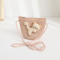 Detalle del bolso de paja para niños con muñeco de gatito en 3D y correa trenzada - Tamaño para Niños / Bolso Individual / Rosa Claro - Bolso de Gato 3D
