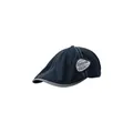 Dark blue denim newsboy cap featuring vintage letter embroidery and grey brim piping - Navy Blue Patch