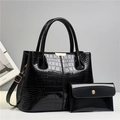 Chic black crocodile pattern handbag set with crossbody strap and matching wallet - Black