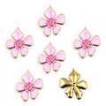 Pink enamel five-petal flower charms with rhinestones and gold-plated backs, set of 6 - Flower No.9 / 33x39mm / Pink