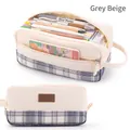 Gray and beige canvas telescopic pencil case with basic logo and double zipper design - 990 Grey/Beige Plaid
