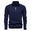 Donkerblauwe heren trui met ritskraag, witte strepen en geribbelde boorden - XL / Marineblauw