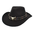 Detalle de sombrero vaquero negro con banda étnica y adorno de calavera de toro de metal - M(56-58cm) / Negro