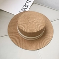 Flat top straw boater hat for kids with khaki stripes on a textured background - Khaki Mosquito - Khaki / Adult 56-58cm