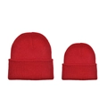 Solid red knitted parent-child beanie set with classic ribbed texture and folded cuff - Dark Red