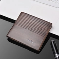 Men's bifold short wallet in dark brown wood texture with business logo on mirrored surface - Dark Coffee