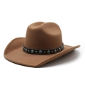 Classic camel brown felt cowboy hat with ethnic turquoise and gold rivet decorative band - M (56-58cm) / Khaki
