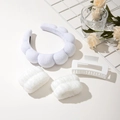 Close-up of white cloud sponge headband set with wristbands and large hair claw clip - White Headband Wristbands And Square Clip