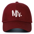 Detail of white 3D Mr embroidery on a burgundy cotton baseball cap with neat stitching - Wine Red Mr.