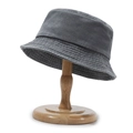 Unisex washed dark grey denim bucket hat on a wooden stand with parallel stitching - One Size / Gray