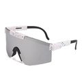 Sporty wraparound sunglasses with white speckled black frame and silver grey shield lens - C17 White Black Splatter