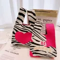 Knitted tote bag with zebra stripes and pink heart pattern or Be Happy slogan - Watermelon Red (Medium)