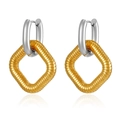 Detailed shot of two-tone stainless steel earrings with textured gold square pendant - Steel Pendant Spliced Gold Textured Square Style (MS-505B)