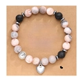 Pink and gray natural stone beaded bracelet with black lava rock and silver heart charm - Volcanic Stone + Unbiological Sister Card