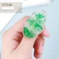 Oval resin ring palette with white and green marble pattern and golden metal frame - Oval Style (ST04#) / White Green Agate Texture