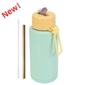 Mint green 1L stainless steel vacuum bottle with yellow lid and gold metal straw - 1 L / Pop-up Straw Lid / Light Yellow + Light Green