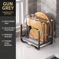 Gunmetal grey carbon steel kitchen organizer for pot lids and cutting boards - Triple Layer Simple Pot Lid Holder-Gun Grey (With Drip Tray)