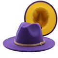 Detail of purple wool fedora with contrasting yellow interior and brown leather strap - Purple+Yellow