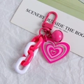 Pink heart keychain with chunky chain and bell charm in white and pink colorway - Rose Red