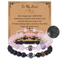 Couples beaded bracelets with 100 languages projection stone in rose quartz and black matte - 8mm Pink Quartz and Frosted Stone