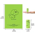 Green compostable dog waste bag size chart showing dimensions and hand comparison - 1.5 Microns Fully Biodegradable Puppy