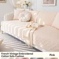 Pink vintage quilted cotton sofa cushion with French floral embroidery for three-seater - 110*210cm / Pink