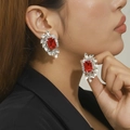Luxury silver-tone earrings featuring a large red rectangle gemstone and marquise zircons - Rectangular Cluster Style / Red
