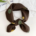 Brown cotton-linen neck scarf with large green and yellow polka dots and white hem - Brown Polka Dot