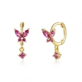 S925 silver needle butterfly hoop earrings with pink cubic zirconia and dangling stones - Rose Red